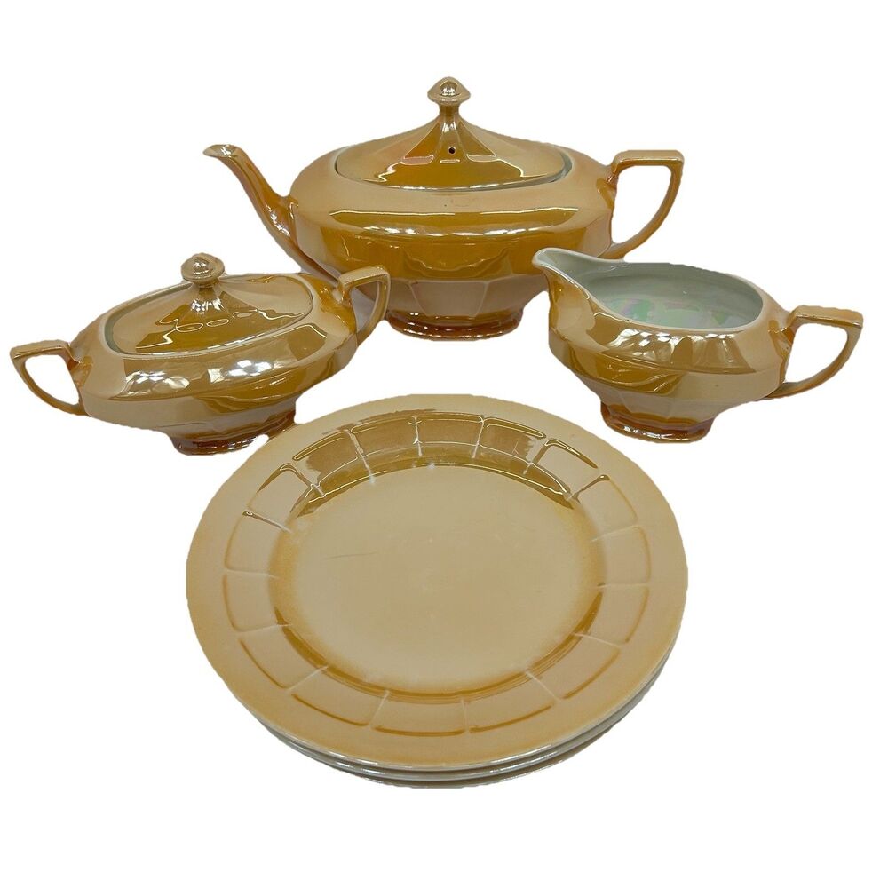 Vtg Lusterware Victoria Czechoslovakia Teapot Sugar Bowl Creamer Plates Set MCM